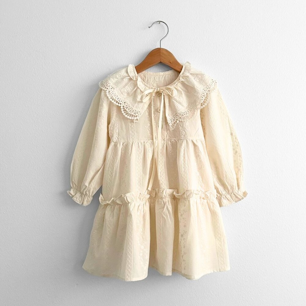 NWT Pretty Girls Eyelet Embroidered Lace Bib Collar Long Sleeve Dress Cream 2T - Picture 1 of 4
